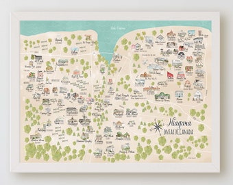 Mapa de bodegas de Ontario, mapa de viajes enológicos, regalo para amantes del vino, cata de vinos, regalo de vino único, arte de pared, mapa ilustrado de las Cataratas del Niágara,