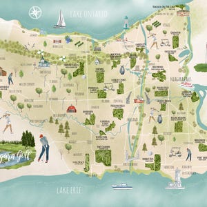 Mappa illustrata dei campi da golf di Niagara - Regalo per gli amanti del golf, guida ai campi da golf con decorazione murale - Decorazioni per cascate del Niagara Niagara-on-the-Lake