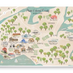 Carte illustrée du comté de Prince Edward en Ontario - Impression d'art aquarelle, vignobles et parc Sandbanks - Décoration d'intérieur unique, cadeau sur le thème du voyage