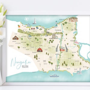 Carte de la région du Niagara Ontario Canada, carte illustrée, illustration de la carte, carte du Niagara, art de la carte, Port Dalhousie, Welland, Fort Erie,