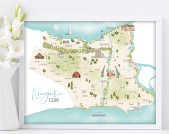 Mapa de la región del Niágara Ontario Canadá, mapa ilustrado, ilustración del mapa, mapa del Niágara, arte del mapa, Port Dalhousie, Welland, Fort Erie,