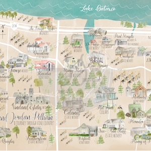 Vineland Jordan Pelham Ontario Niagara Ilustración Mapa Arte de la pared, regalo amante del vino, Canadá, Ontario, mapa de bodegas Ontario imagen 1