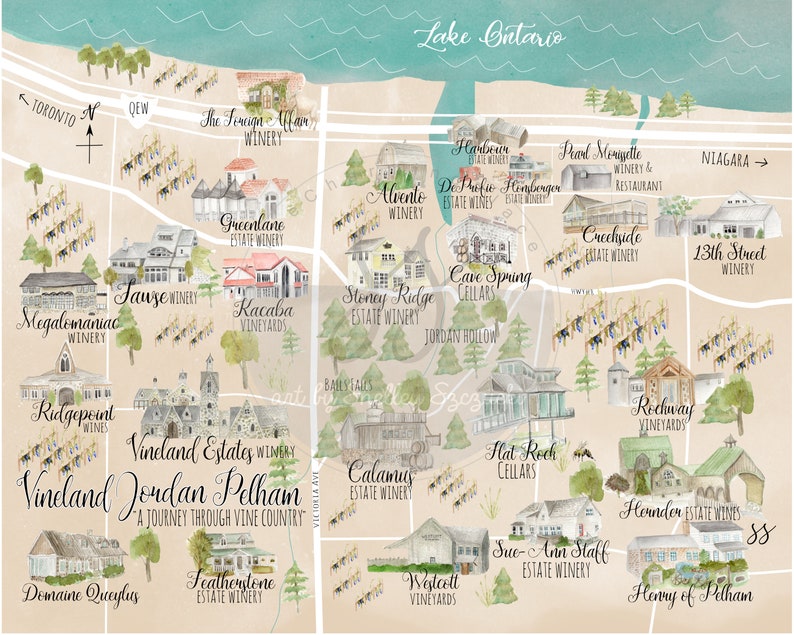 Vineland Jordan Pelham Ontario Niagara Ilustración Mapa Arte de la pared, regalo amante del vino, Canadá, Ontario, mapa de bodegas Ontario imagen 1