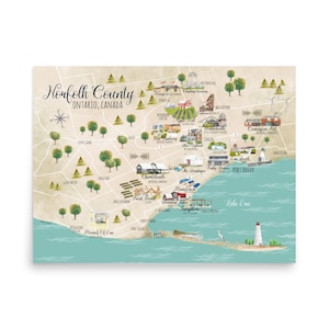 Carte du comté de Norfolk, carte du Canada, illustration de carte, impression de carte, art canadien, cadeau pour amateur de vin, cadeau de déménagement, décoration murale, carte de la tournée des vins