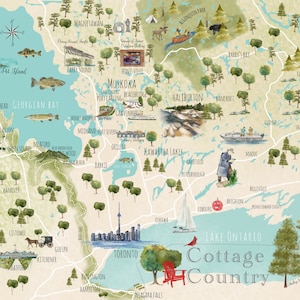 Carte illustrée Muskoka Canada, art du parc Algonquin, carte des lacs Kawartha, décoration de chalet, lac Rosseau/art mural/souvenir de voyage