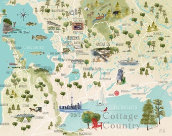 Lámina artística con mapa ilustrado de Muskoka, decoración rústica
