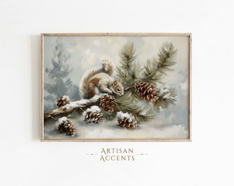 Squirrel Christmas Pinecones Oil Painting, Wall Decor Digital Art Print, Winter Holiday, Home Digital Download, Printable JPEG, Artwork