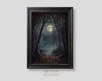Dark Moon Oil Painting, Halloween, Moody and Gothic Landscape Paintings, Vintage Dark Academia Framed Wall Art Wall Decor Digital Download