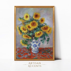 May include: A painting of a bouquet of sunflowers in a blue and white porcelain vase. The sunflowers are arranged in a vase on a red and green patterned tablecloth.