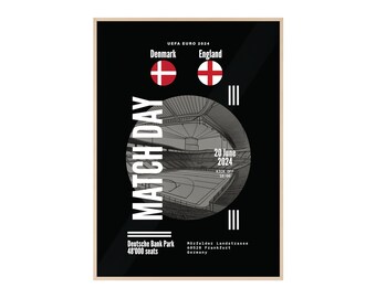 UEFA EURO 2024 - MATCHDAY Danemark - Angleterre - Affiche avec cadre en bois - Affiche, Affiche de football, Cadeau, Affiche de sport, Journée de match