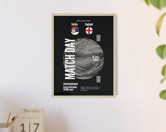 UEFA EURO 2024 - MATCHDAY Serbie - Angleterre - Affiche avec cadre en bois - Affiche, Affiche de football, Cadeau, Affiche de sport, Journée de match