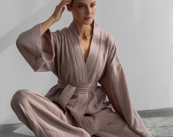 Oversized Kimono & Wide Leg Pants Set - Comfy Two Piece Muslin Loungewear for Women