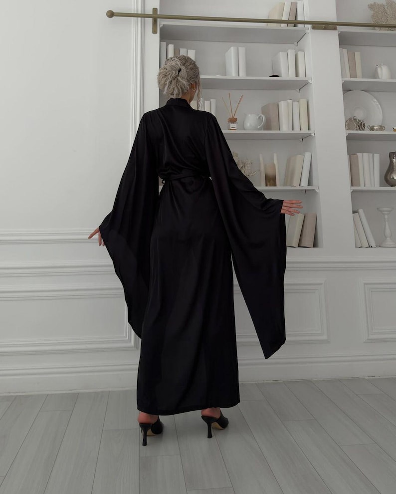 Black Silk Long Kimono Robe
