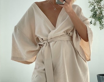 Natural Linen Kimono Dress - Linen Wrap Dress in 6 Colors - Oversize Short Boho Dress