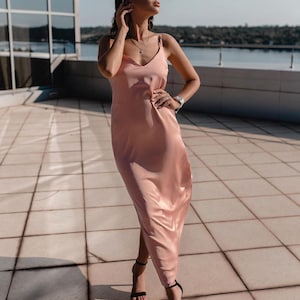 Powder Silk Maxi Dress - Romantic Long Dress with High Slit - Elegant Evening Gown - Silk Long Bohemian Dress