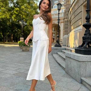 Elegant Two Piece Wedding Corset Dress - White Satin Corset and Midi Skirt - Corset Bustier Top and Perl Skirt