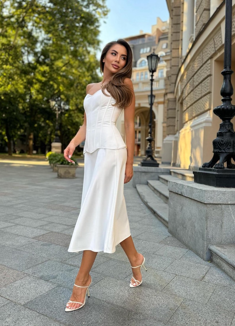 Elegant Two Piece Wedding Corset Dress - White Satin Corset and Midi ...