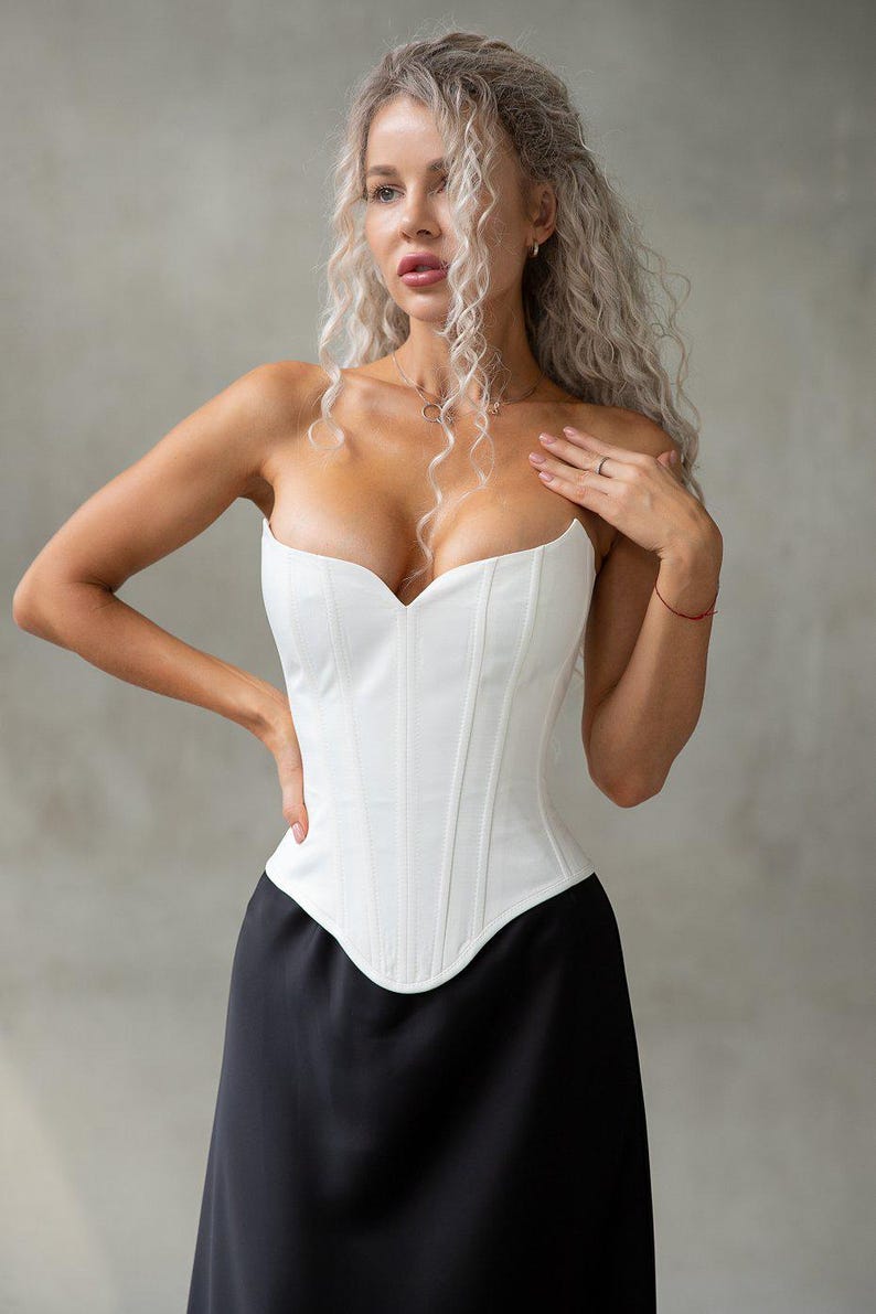Unique White Corset and Black Long Skirt - Overbust Bustier & Long Skirt - Formal Dress for Prom, Wedding, or Bridesmaid Only  Corset