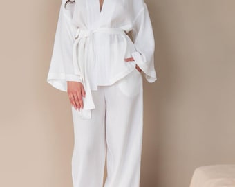 White 2 Piece Muslin Summer Suit - Kimono Robe & Flowy Pants - Comfy Loungewear for Woman