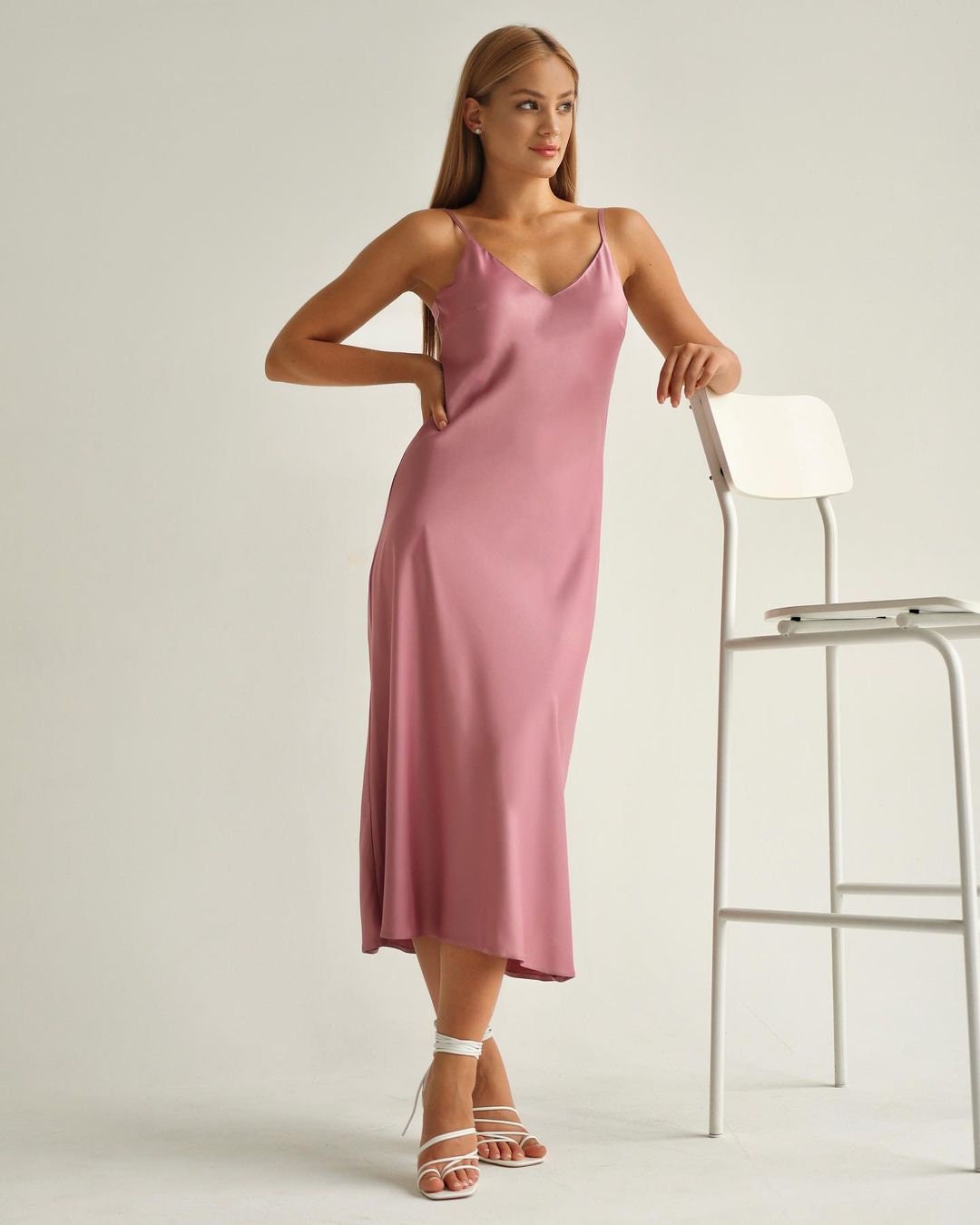 Pink Maxi Dress Formal Light Pink Silk Slip Dress Midi Slip Pink Satin Slip  Dress V Neck Slip Dresses SUPESU