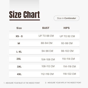 Op de afbeelding: Een maattabel met borst- en heupmaten in centimeters. De tabel bevat maten XS-S tot en met 4XL, met borstmaten van maximaal 88 cm tot 112-116 cm en heupmaten van maximaal 92 cm tot 118-122 cm.