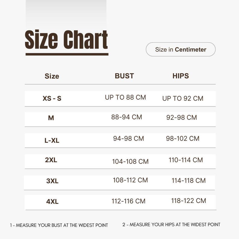 Op de afbeelding: Een maattabel met borst- en heupmaten in centimeters. De tabel bevat maten XS-S tot en met 4XL, met borstmaten van maximaal 88 cm tot 112-116 cm en heupmaten van maximaal 92 cm tot 118-122 cm.