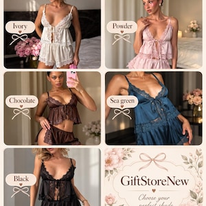 May include: A pajama set featuring a camisole with a deep V-neckline, lace trim, and a front tie, paired with matching shorts. The set is displayed in five color options: ivory, powder, chocolate, sea green, and black. Text reads Color palette Pajama Set, GiftStoreNew, and Choose your perfect shade.