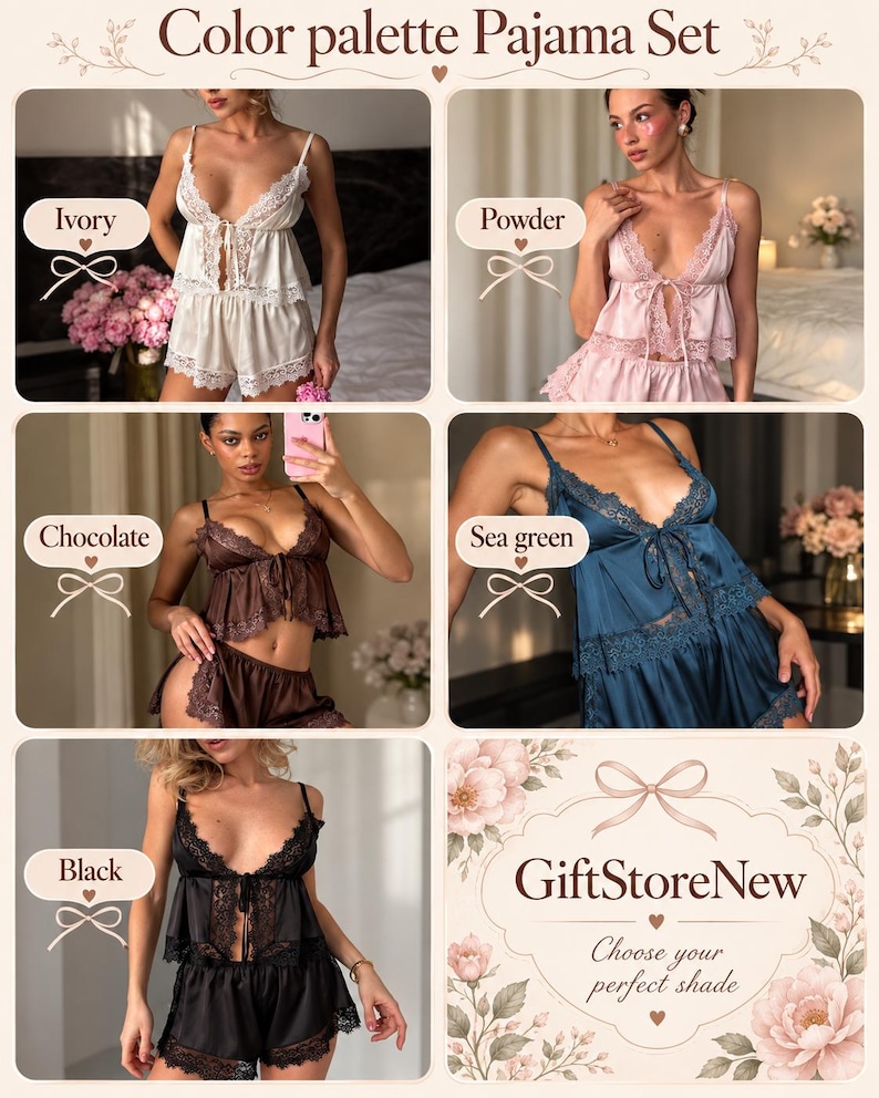 May include: A pajama set featuring a camisole with a deep V-neckline, lace trim, and a front tie, paired with matching shorts. The set is displayed in five color options: ivory, powder, chocolate, sea green, and black. Text reads Color palette Pajama Set, GiftStoreNew, and Choose your perfect shade.