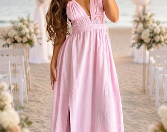 Long Pink Muslin Dress - Chic Bridesmaid Dress for Beach Wedding - Elegant Goddess Dress