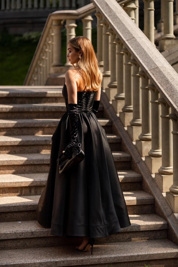 Long Black Corset Dress - Classic Floor Length Evening Gown - Prom, Wedding Guest or Bridesmaid Dress Long Black Corset Dress - Classic Floor Length Evening Gown - Prom, Wedding Guest or Bridesmaid Dress