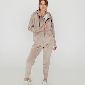 Beige Velour Tracksuit with Zip-Up - Soft Zippered Hoodie Jogger set with Pockets - Choose from 6 Colors