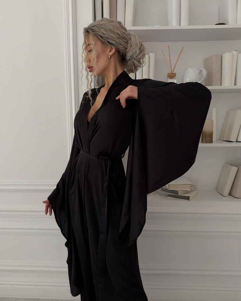 Black Silk Long Kimono Robe