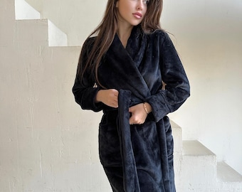 Soft Black Velour Bathrobe - Stylish Short Robe for Her - Perfect Birthday or Valentine's Day Gift
