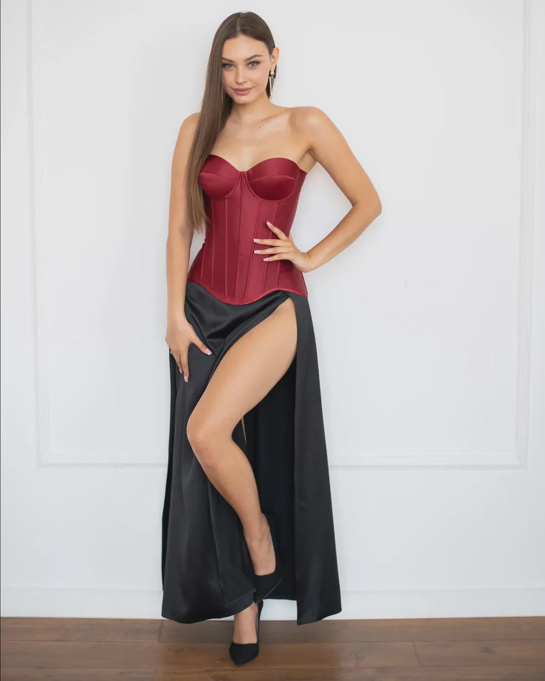 Maroon Corset Dress with High Slit Skirt - Special Occasion Dress Ensemble - Two Piece Bridesmaid Dress