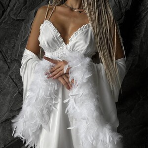White Feather Robe Set - Bridesmaid Robes with Nightdress - Bride Nightgown and Robe with Detachable Feather Sleeves - Bridesmaid gift image 7
