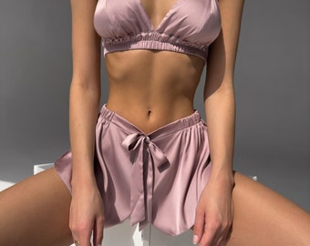 Dusty Pink Silk Pajama Set - Bridesmaid Sleepwear Set  - Silk Shorts and Tank Top - Bride Pajama Set