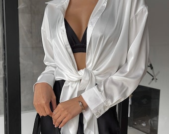 Vintage Women off White Satin Blouse Size M Ecru Satin Shirt Long