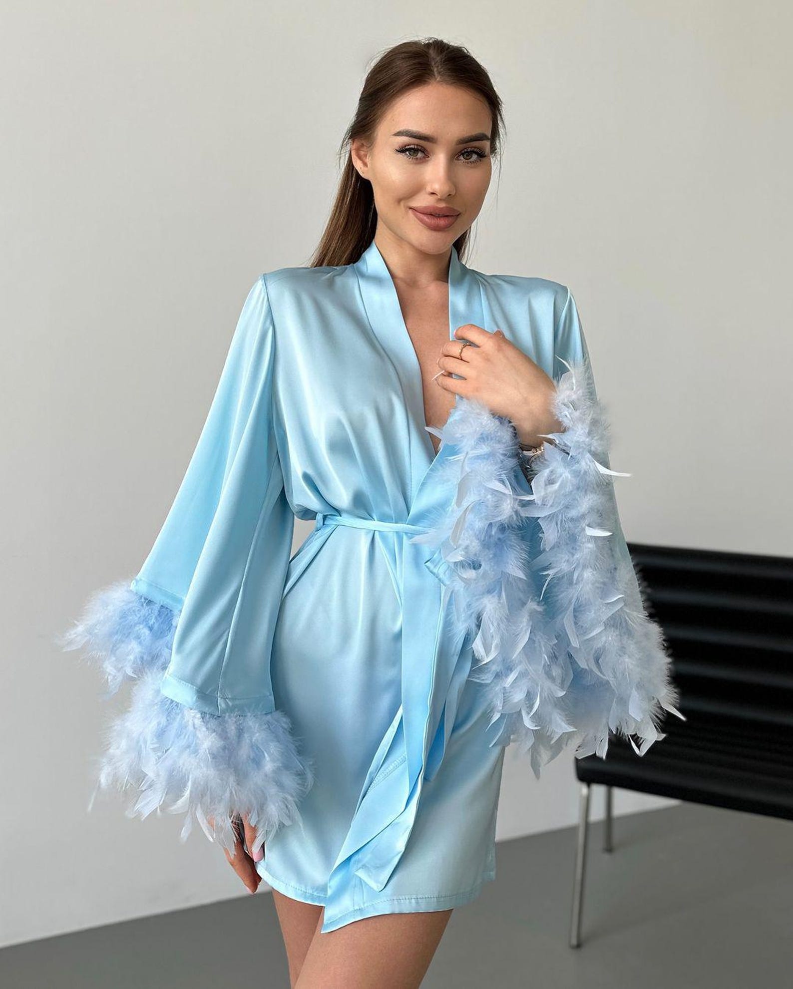 Feather Lined Robe Light Blue Feather Robe Set - Blue Bridesmaid Robes Nightdress With ...