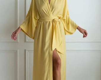 Elegant Yellow Kimono Robe - Women’s Full Length Bathrobe in 9 Colors - Great Holiday Present!