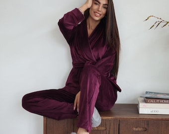Cozy Velvet Burgundy Pajama Set - Warm PJs Jacket & Pants - Perfect Holiday Gift for Her