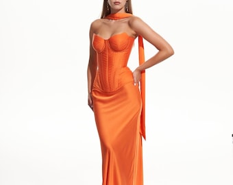 Orange Draped Cowl Neck Evening Gown With Sheer Embroidered Corset - Etsy Orange Draped Cowl Neck Evening Gown With Sheer Embroidered Corset - Etsy