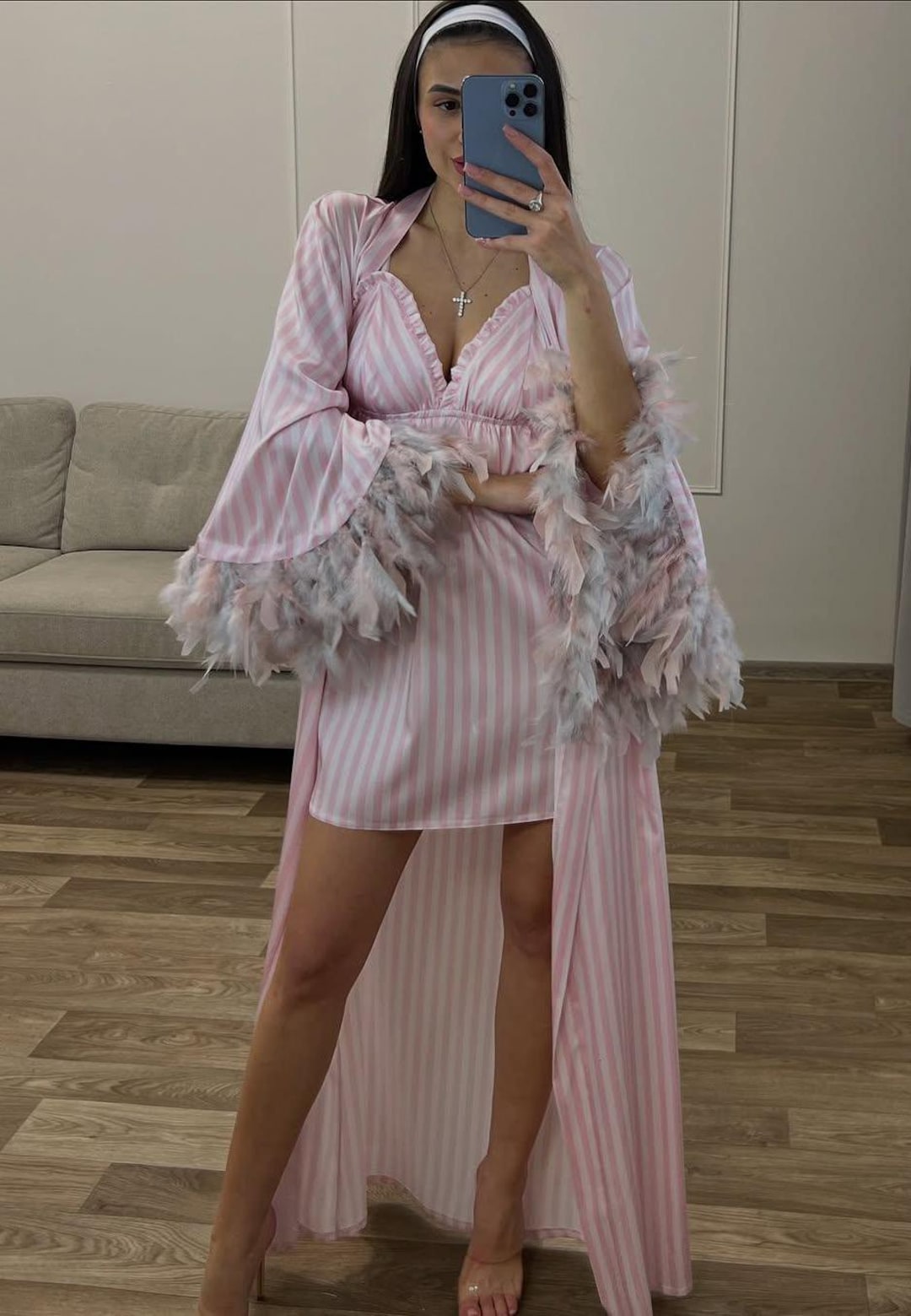 Pink Stripe Robe Pink Striped Long Robe With Detachable Feather Sleeves and Nightgown ...