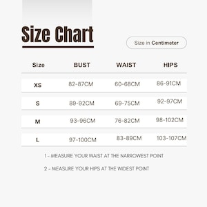 May include: A size chart with measurements in centimeters for bust, waist, and hips. Sizes range from XS to L, with corresponding measurements. Instructions are provided for measuring waist and hips.