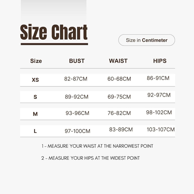 May include: A size chart with measurements in centimeters for bust, waist, and hips. Sizes range from XS to L, with corresponding measurements. Instructions are provided for measuring waist and hips.