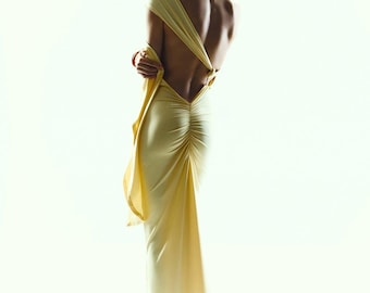 Vestido largo amarillo con espalda descubierta y lazo en el cuello - Vestido de novia bohemio - Vestido largo para invitada o dama de honor
