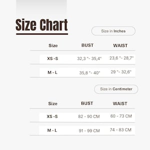 May include: Size chart for clothing with measurements in inches and centimeters. The chart shows bust and waist measurements for sizes XS-S and M-L.