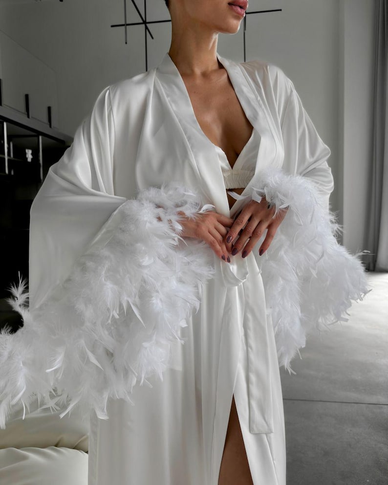 Feather Lined Robe Luxurious White Feather Bridal Robe & Pajama Set - Bridal Long Robe ...