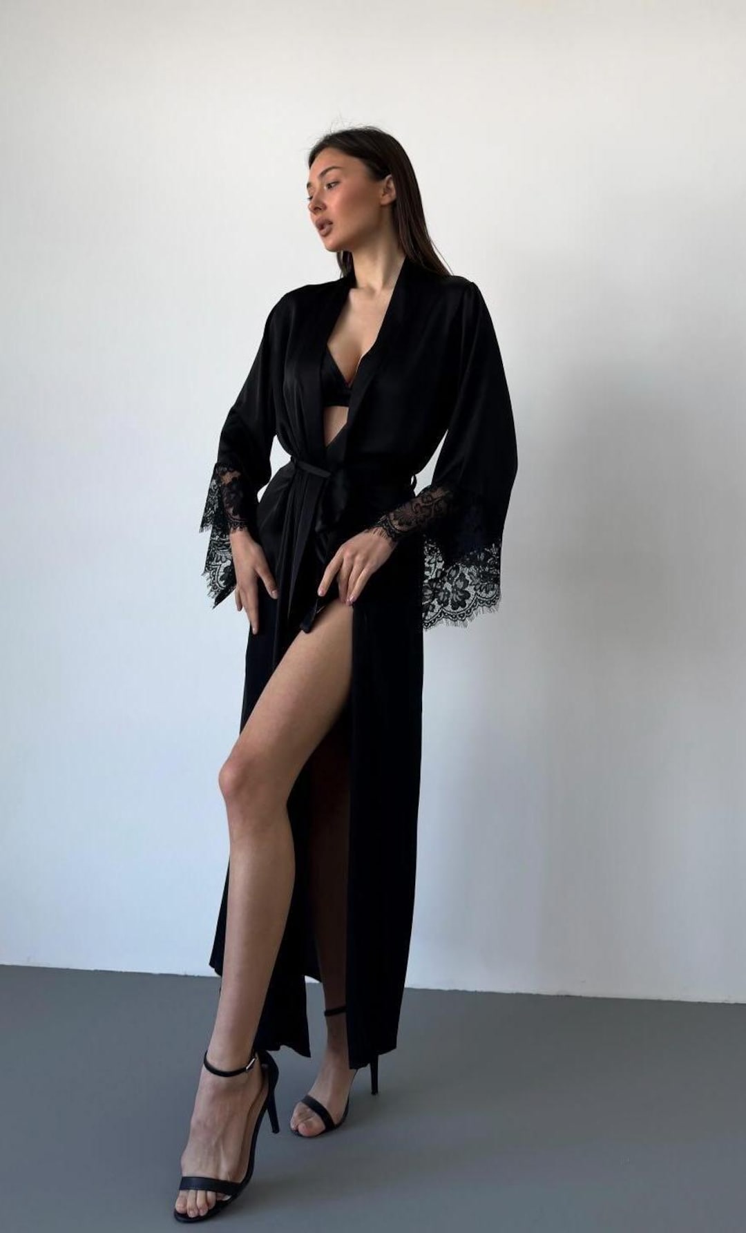 Floral Satin Night Dress With Robe Elegant Lace Trim Sleepwear Set main image 0