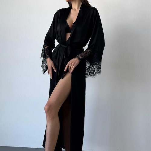 Elegant Black Lace Nightgown & Robe Set - Luxurious Silk Midi Nightgown and Robe - Romantic Sleepwear