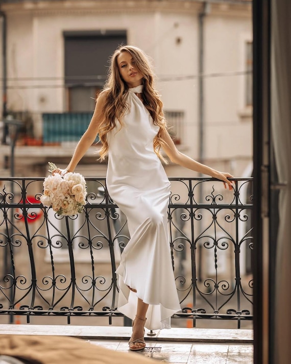 Classic White Bridal Maxi Dress - Long Wedding Gown With Scarf - Simple  Floor-length Dress - Etsy Israel